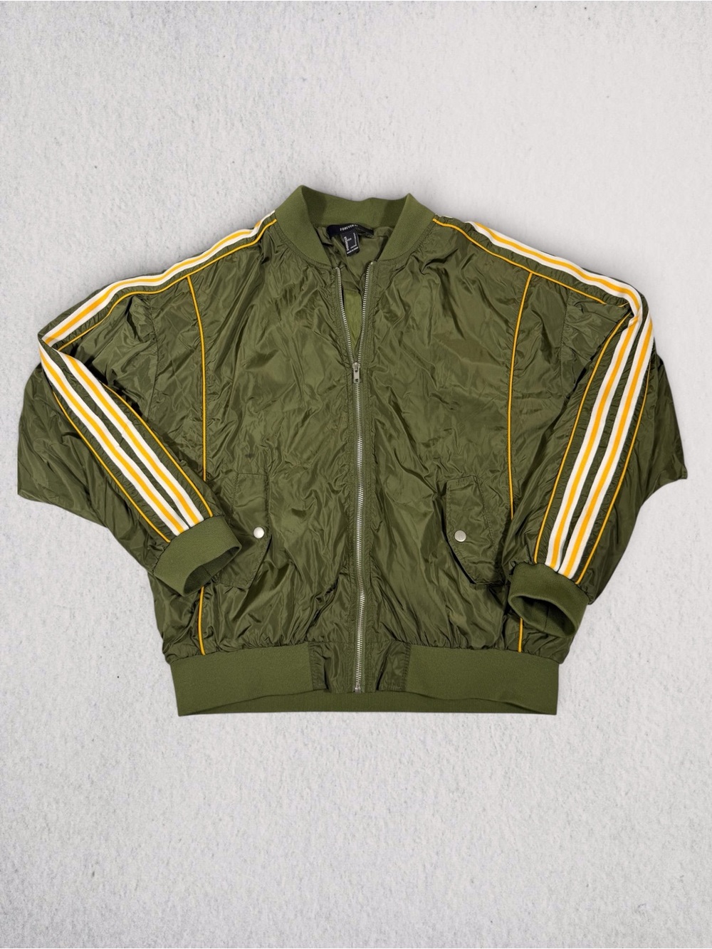 Olive Green Bomber Jacket with Striped Sleeve Detail